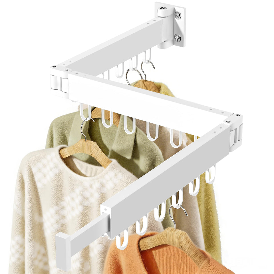 Jauree wall-mounted drying rack folded against the wall for space-saving storage