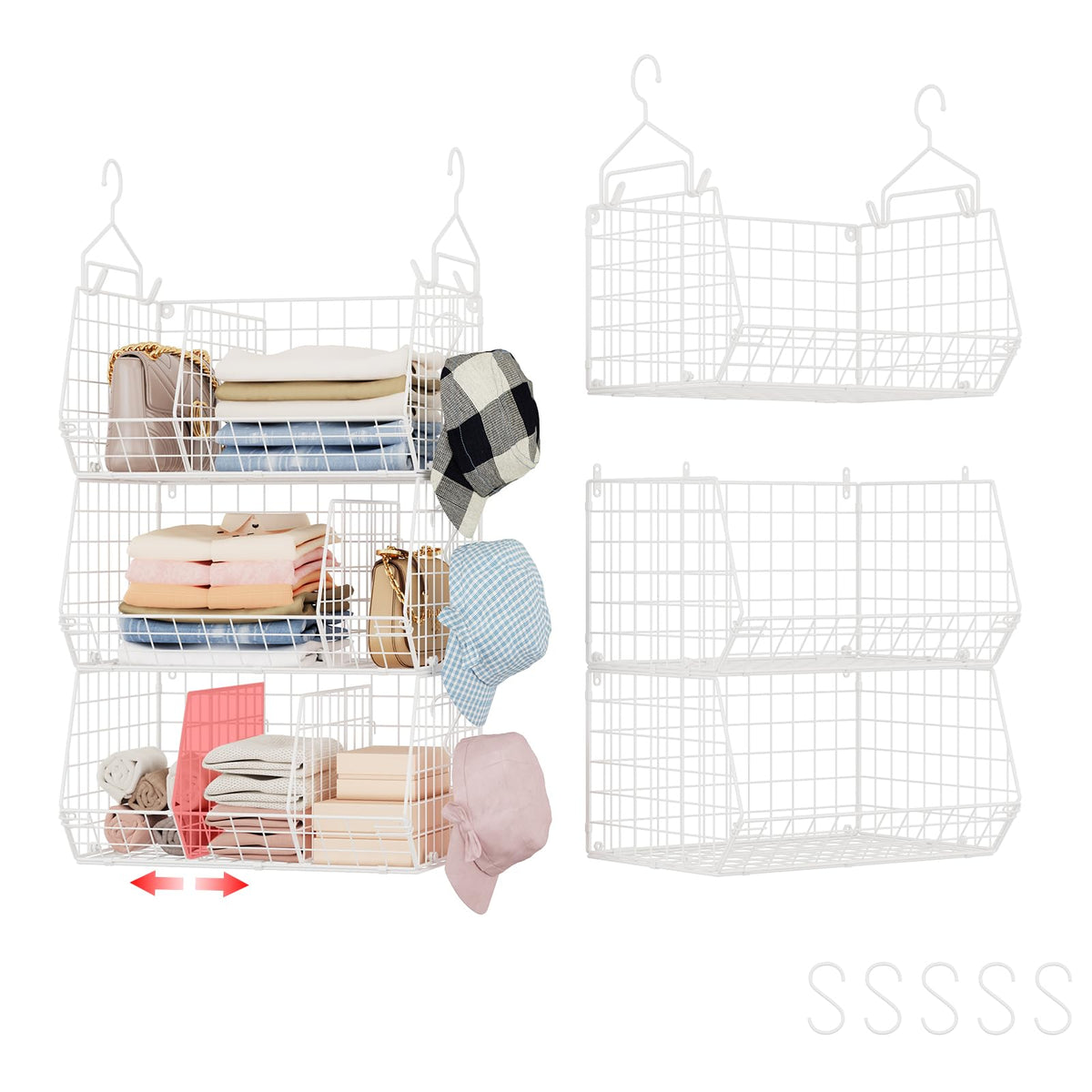Jautokerdar 3-tier closet shelves with divider, white, front view for organized storage