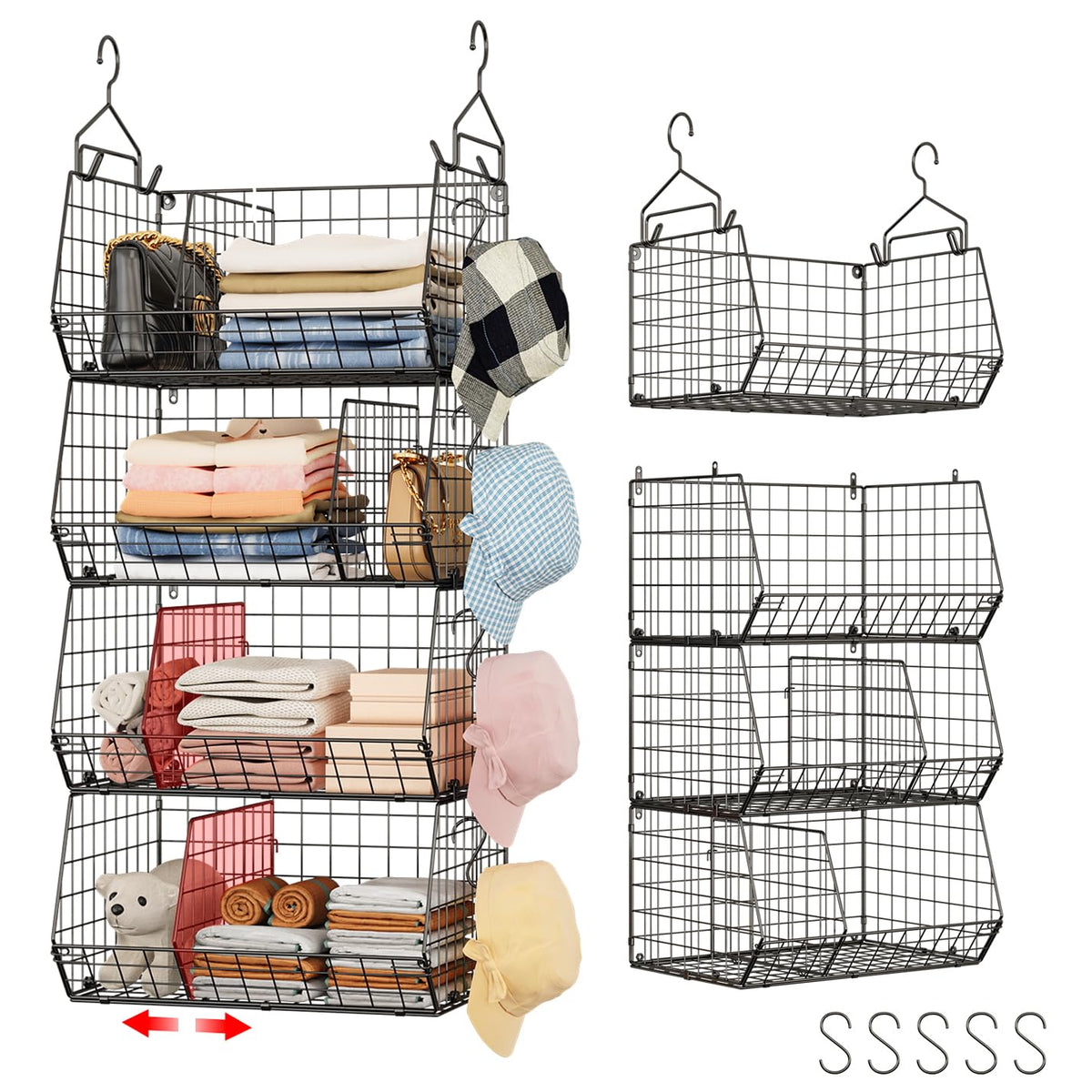 Jautokerdar 4-tier hanging closet organizer demonstrates compact storage on wire shelving for tidy clothes.