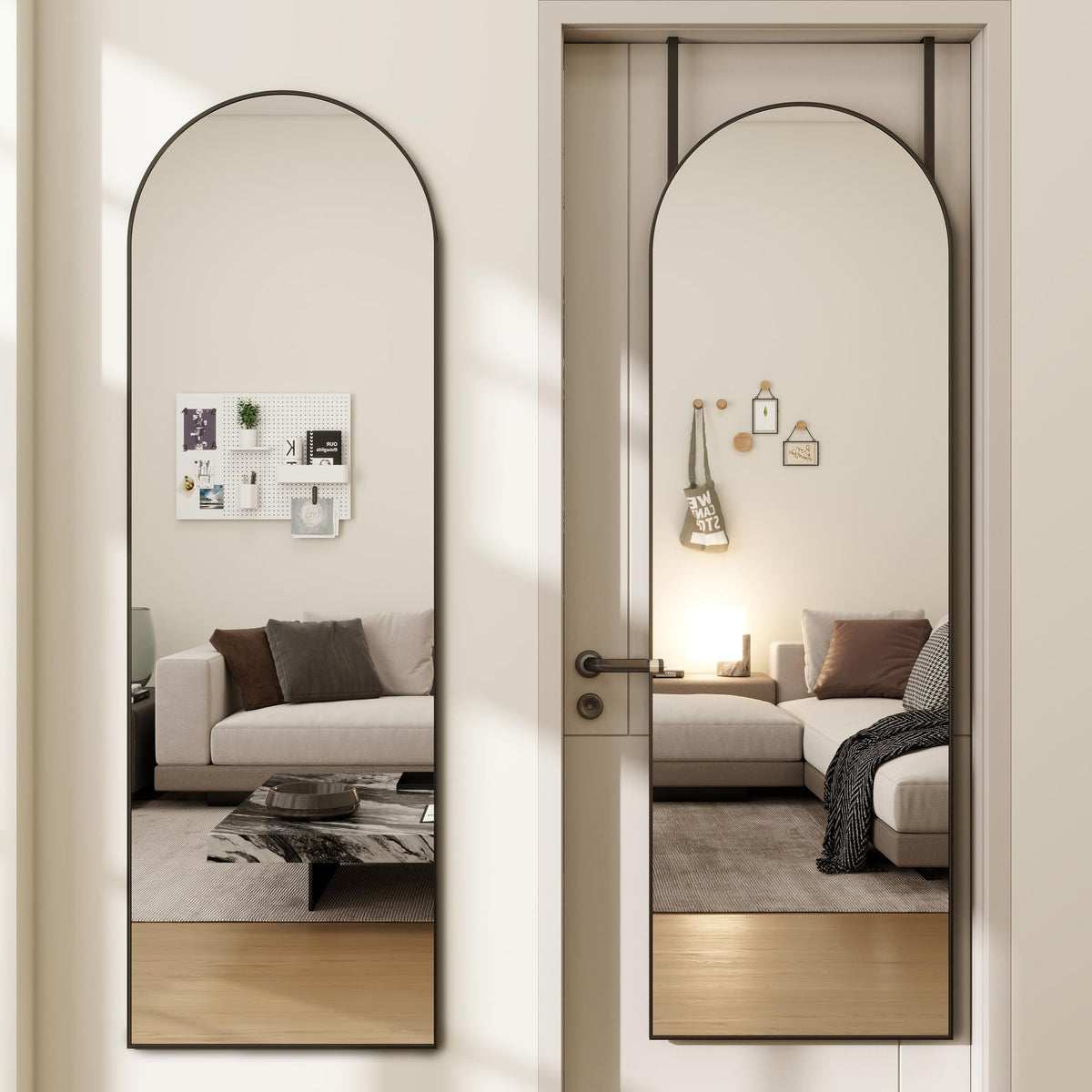 JAWGLOW arched full-length door mirror with metal frame for precise outfit checks.