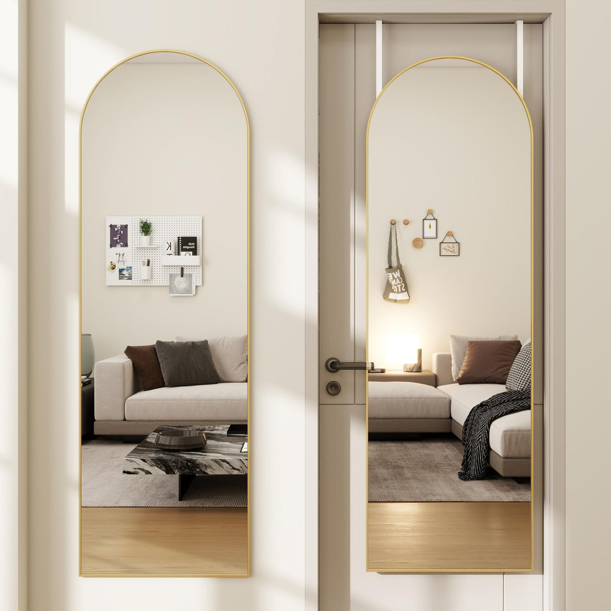 JawGLOW arched full-length mirror front view for accurate outfit checks and room lighting enhancement