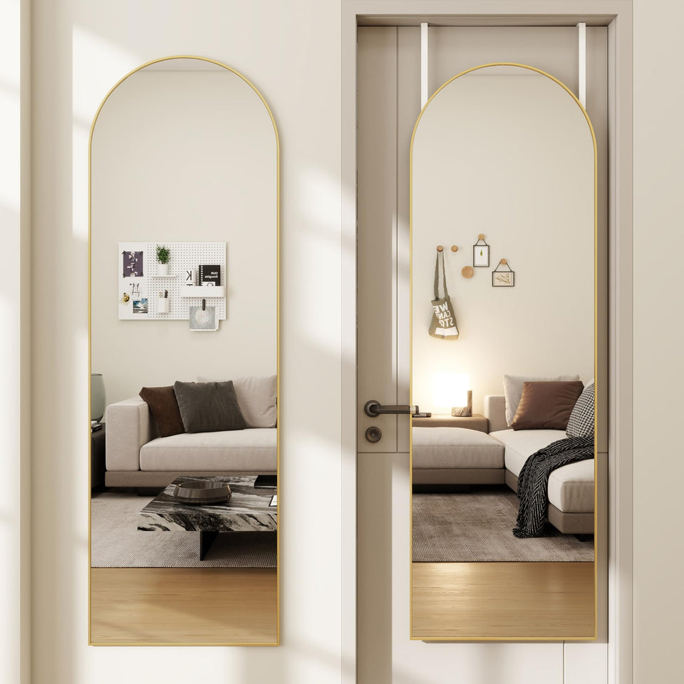 JawGLOW arched full-length mirror front view for accurate outfit checks and room lighting enhancement