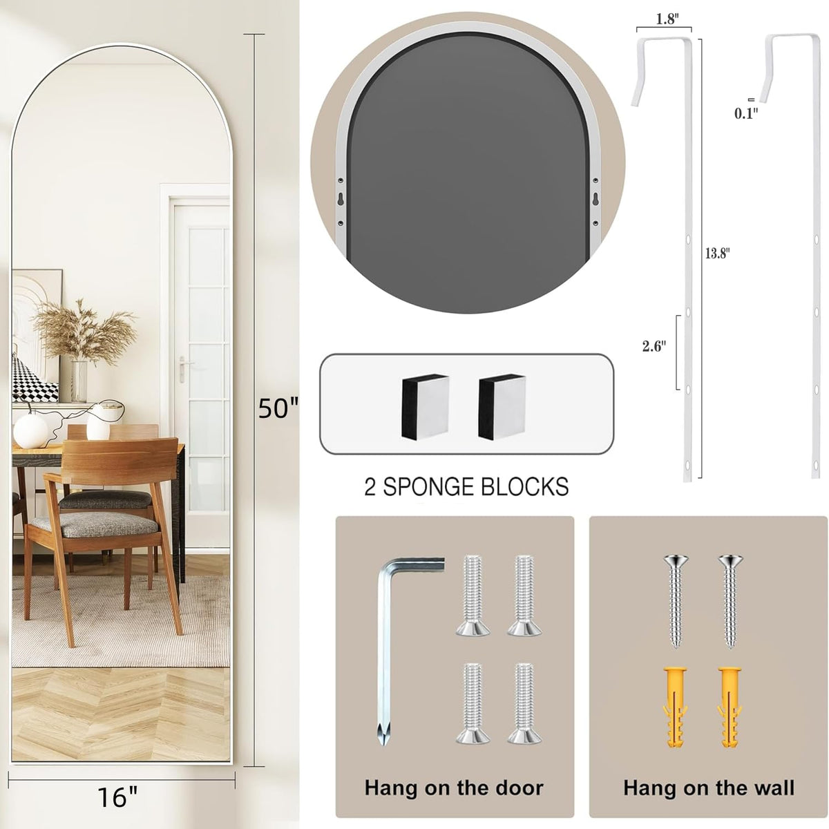 JAWGLOW over-door hanging mirror with 50x16 inch reflection for daily outfits.