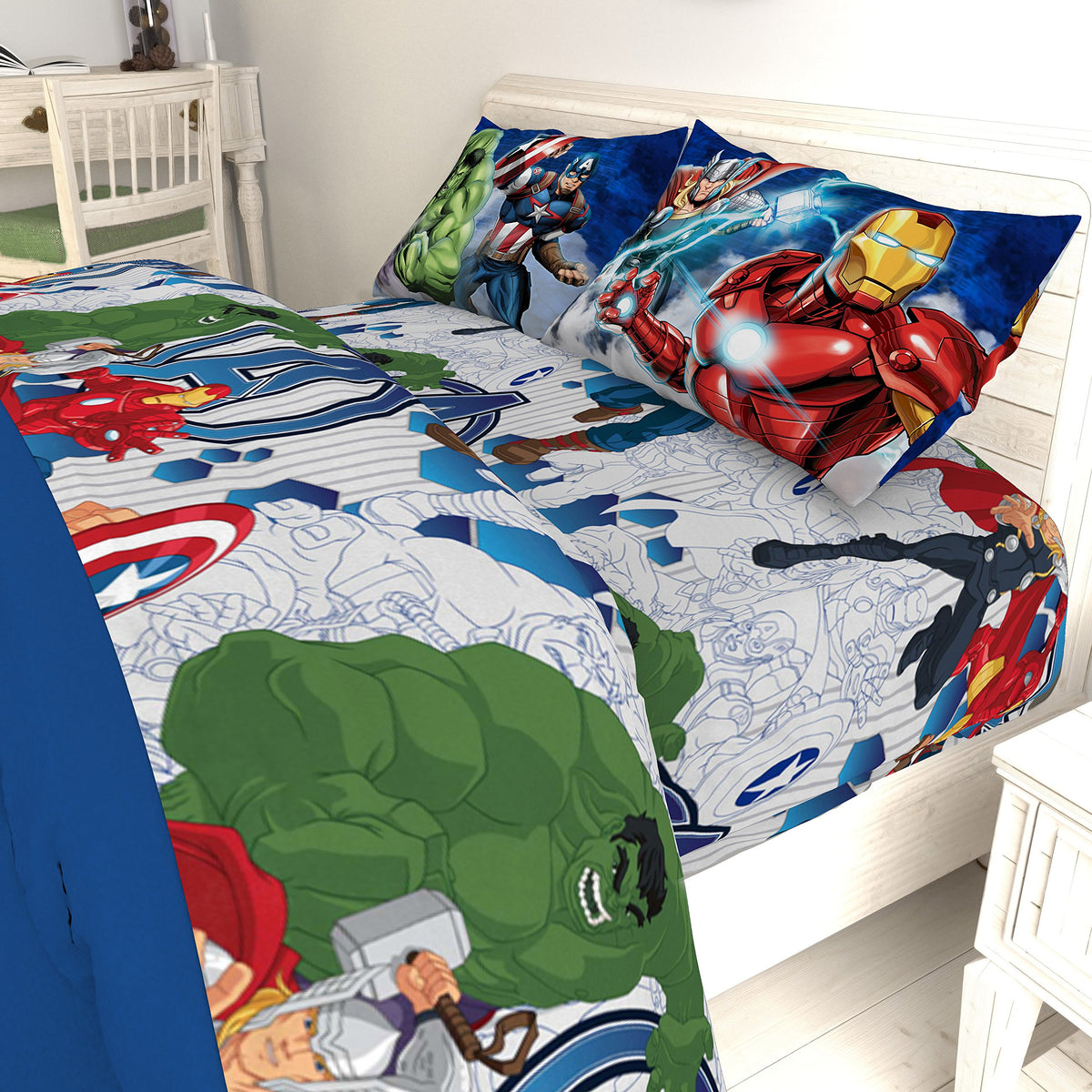 Jay Franco coordinating Avengers accessories quickly complete the room theme.