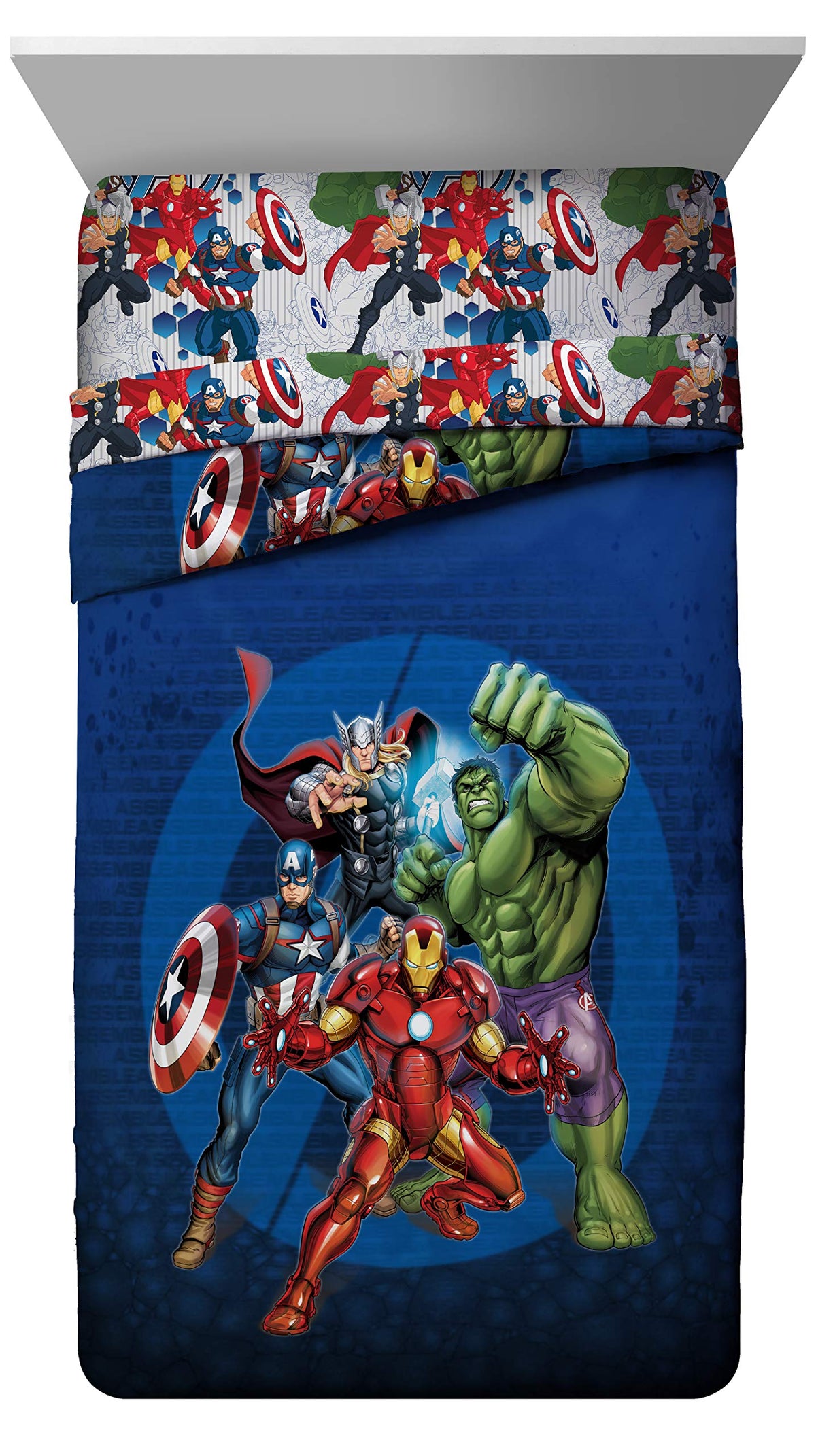 Jay Franco Avengers blue circle sheet set full coordinates with the comforter for a coordinated look.