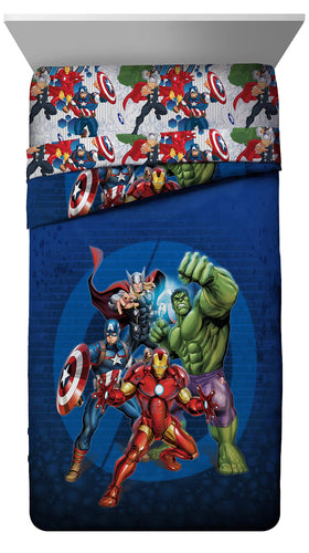 Jay Franco Avengers blue circle sheet set full coordinates with the comforter for a coordinated look.