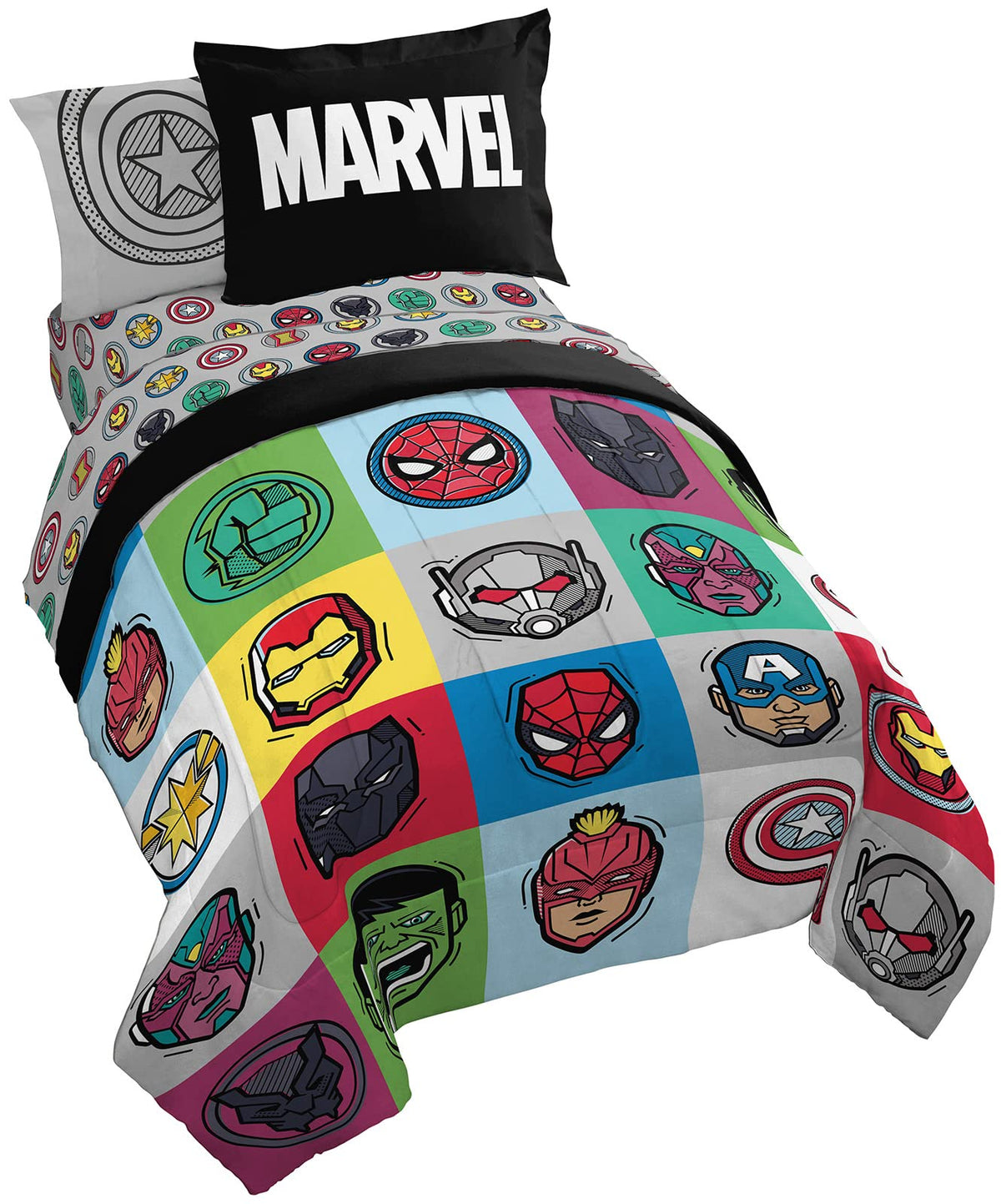 Jay Franco Avengers Pop twin comforter showcases bold hero graphics for cozy nights.