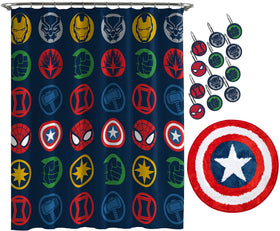 Jay Franco Avengers Shields shower curtain with Iron Man and Captain America logos for a bold bathroom look