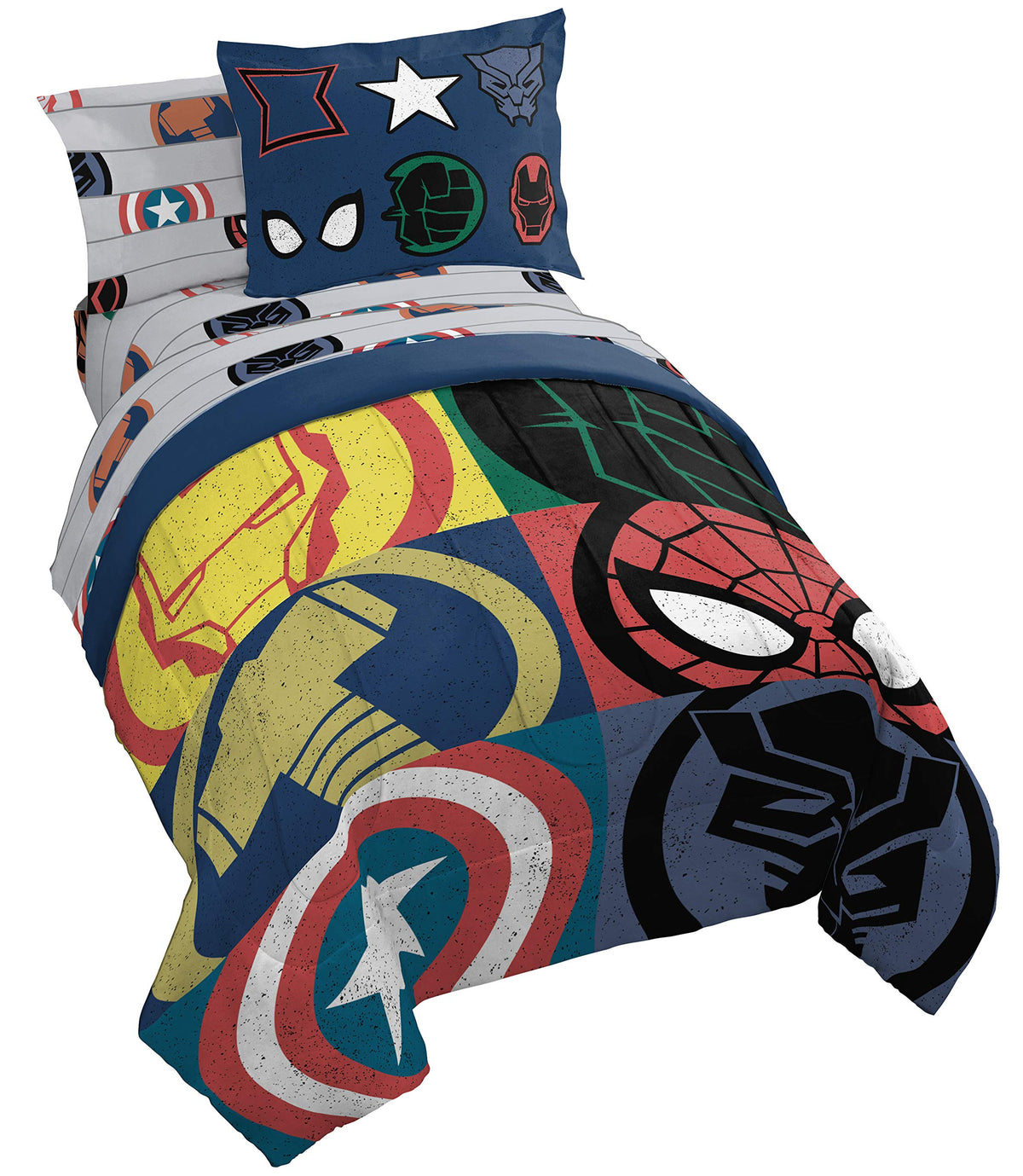 Jay Franco Avengers twin comforter on bed showcases vivid hero imagery for kids' rooms, brightening decor.