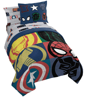 Jay Franco Avengers twin comforter on bed showcases vivid hero imagery for kids' rooms, brightening decor.
