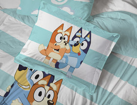 Jay Franco Bluey & Bingo bed setup on a full bed inspires imaginative bedtime