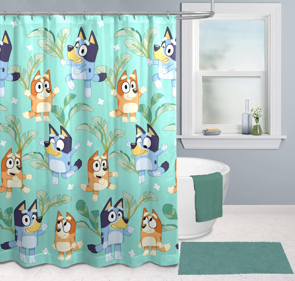 Jay Franco Bluey and Bingo themed curtain elevates any kid-friendly bathroom setup.