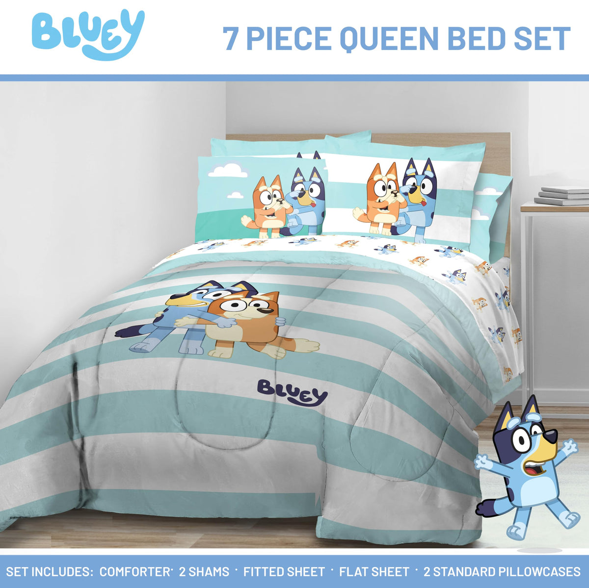 Jay Franco Bluey & Bingo fitted sheet demonstrates deep 12 inch pockets for snug fit