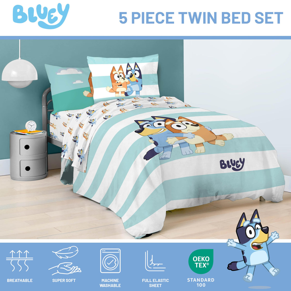 Jay Franco Bluey and Bingo flat sheet showcases fade-resistant color and gentle surface.