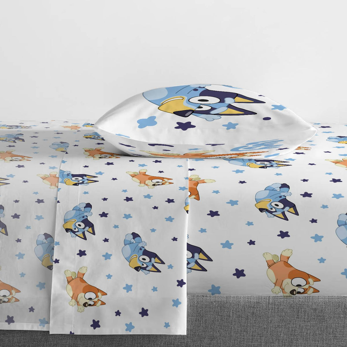Jay Franco Bluey Bingo pillowcase and sham set for kid-friendly bedding detail.