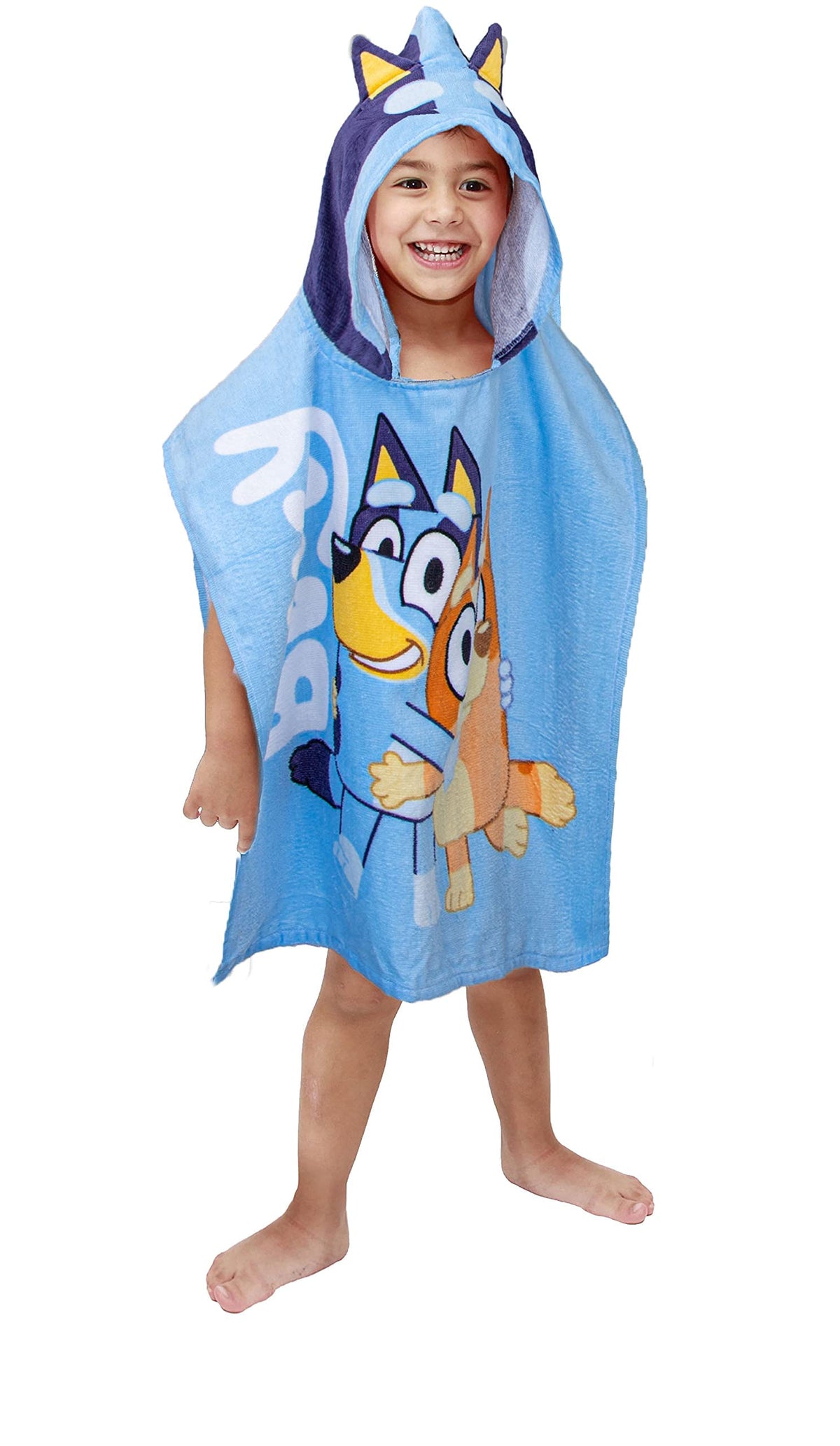 Jay Franco Bluey hooded poncho for bath time drying and comfort.