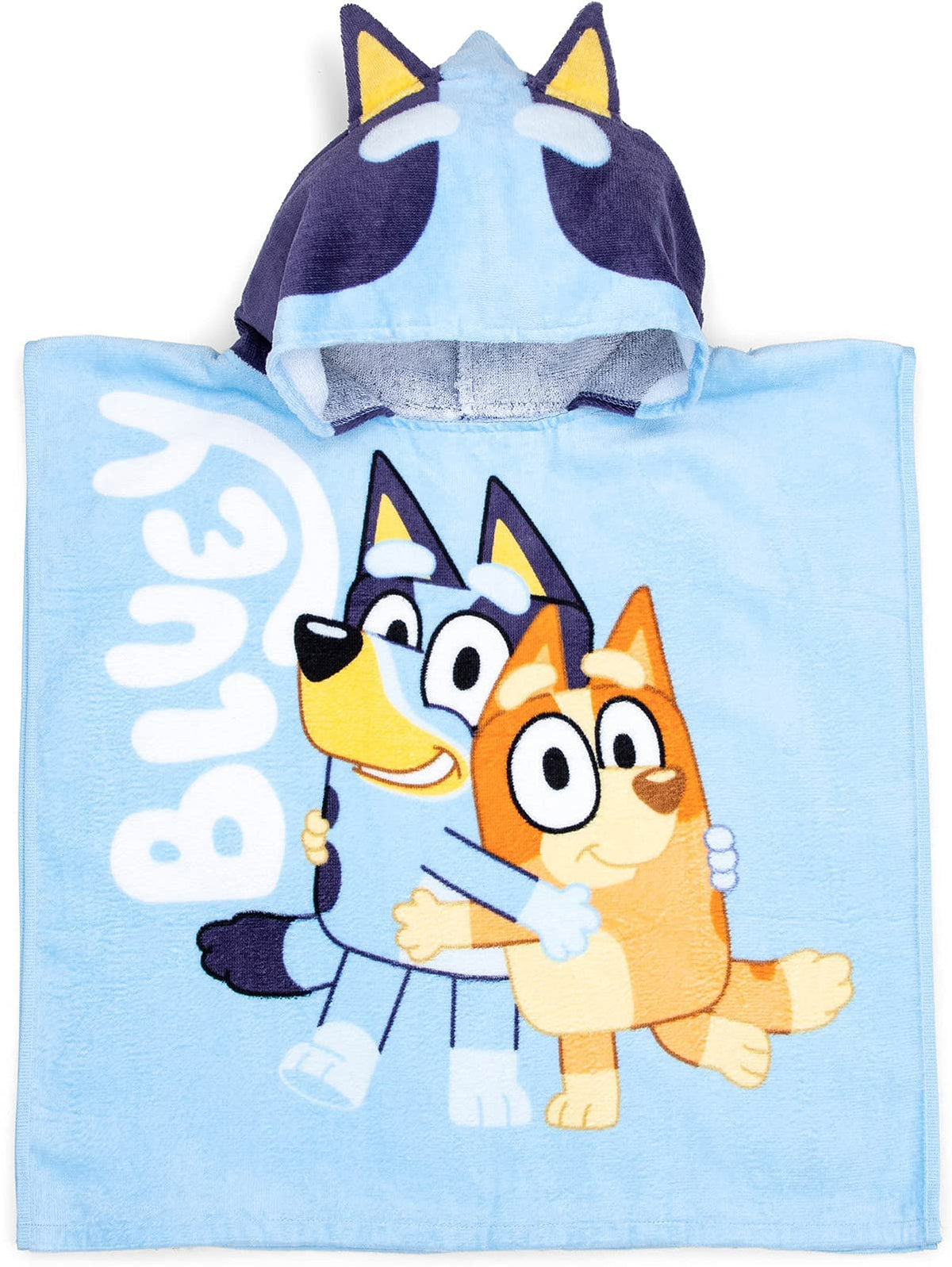 Jay Franco Bluey hooded poncho at poolside for quick drying and fun.