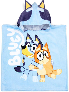 Jay Franco Bluey hooded poncho at poolside for quick drying and fun.