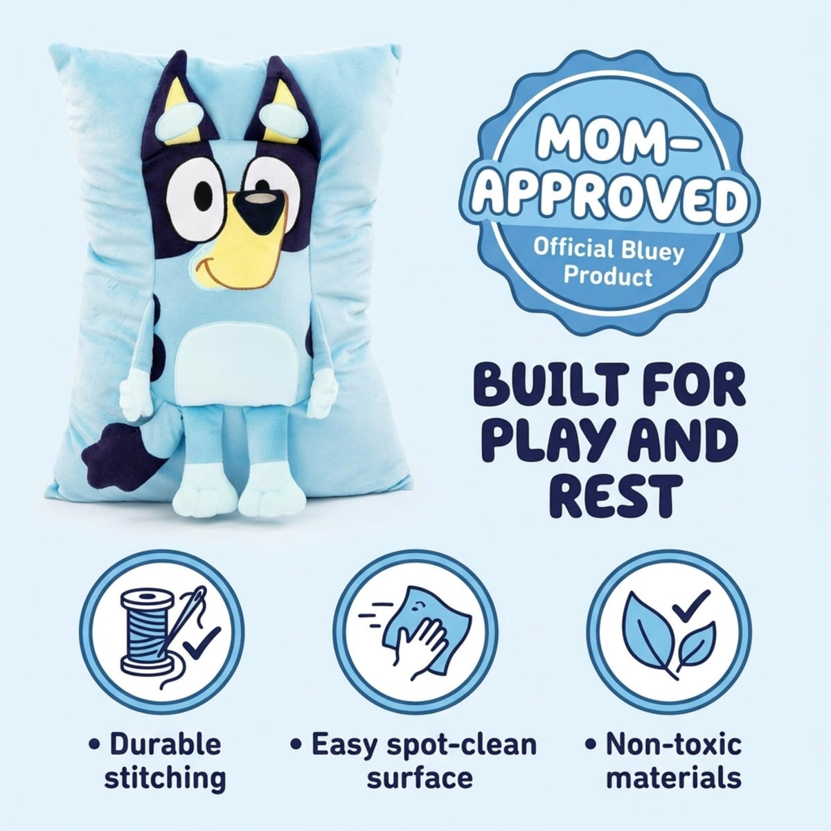 Jay Franco Bluey Snuggle Pillow closeup of microfiber fabric for durability and softness.