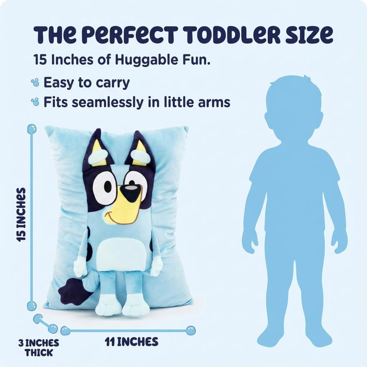 Jay Franco Bluey Snuggle Pillow side view showing plush comfort for lounging.