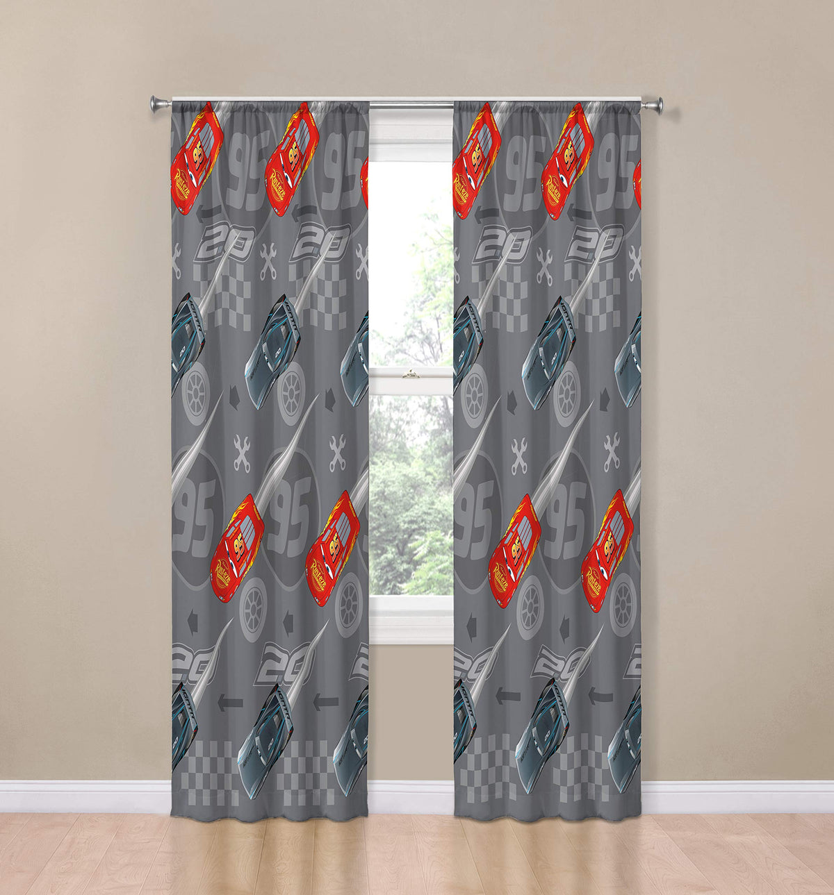 Lightning McQueen curtain panel showcases speed design for Cars fans during playtime