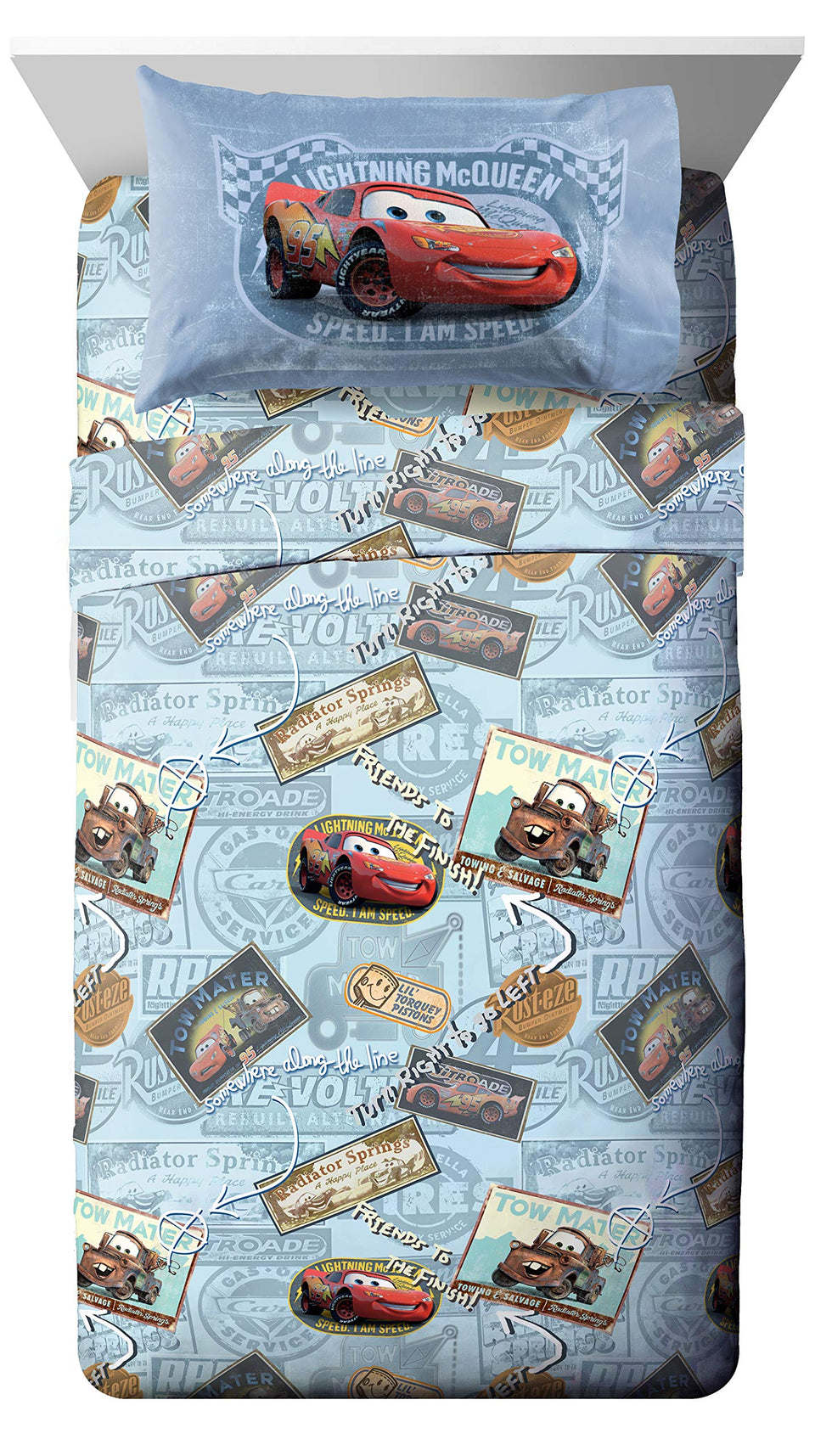 Jay Franco Disney Cars Lightning McQueen twin sheet set packaging shows colorful race car theme for kids' rooms