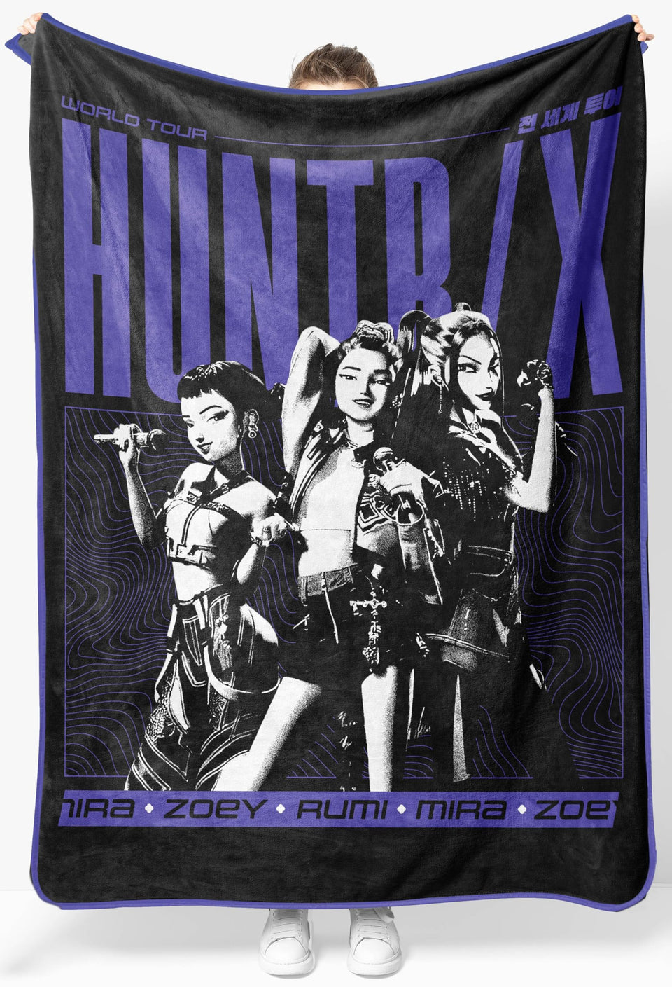 Jay Franco Demon Hunters Huntrix blanket laid flat shows poster-art design for fans