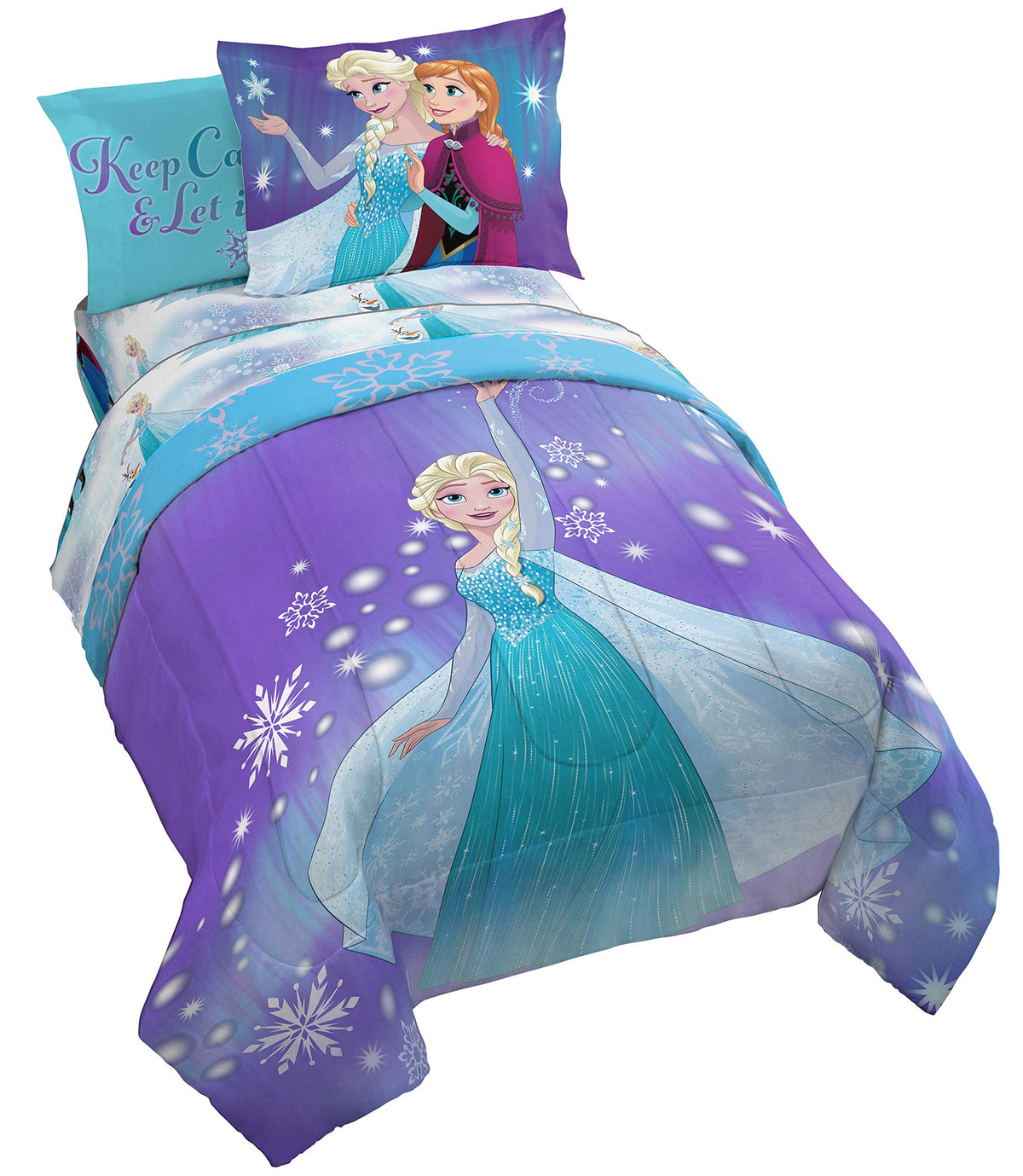 Jay Franco Disney Frozen Magical Winter twin comforter on a bed, cozy and colorful