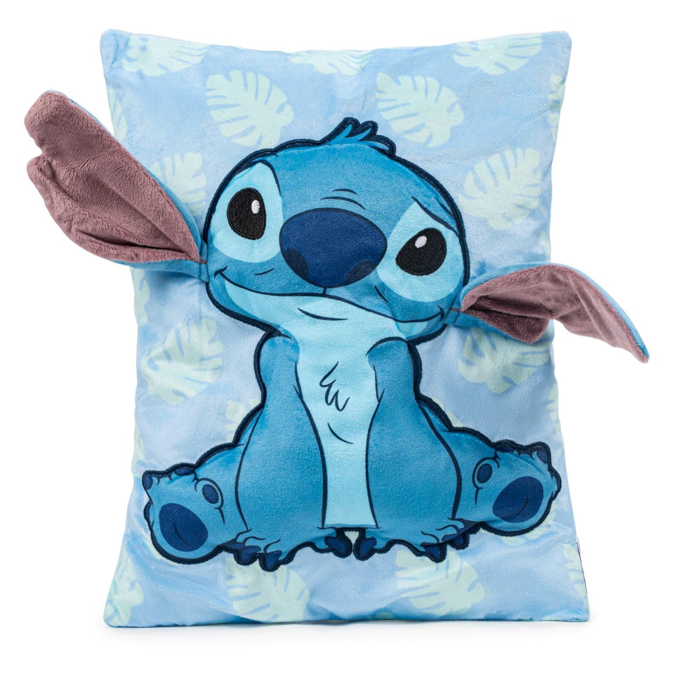 Jay Franco Stitch 3D Snuggle Pillow shows Stitch face detail for cozy playtime.