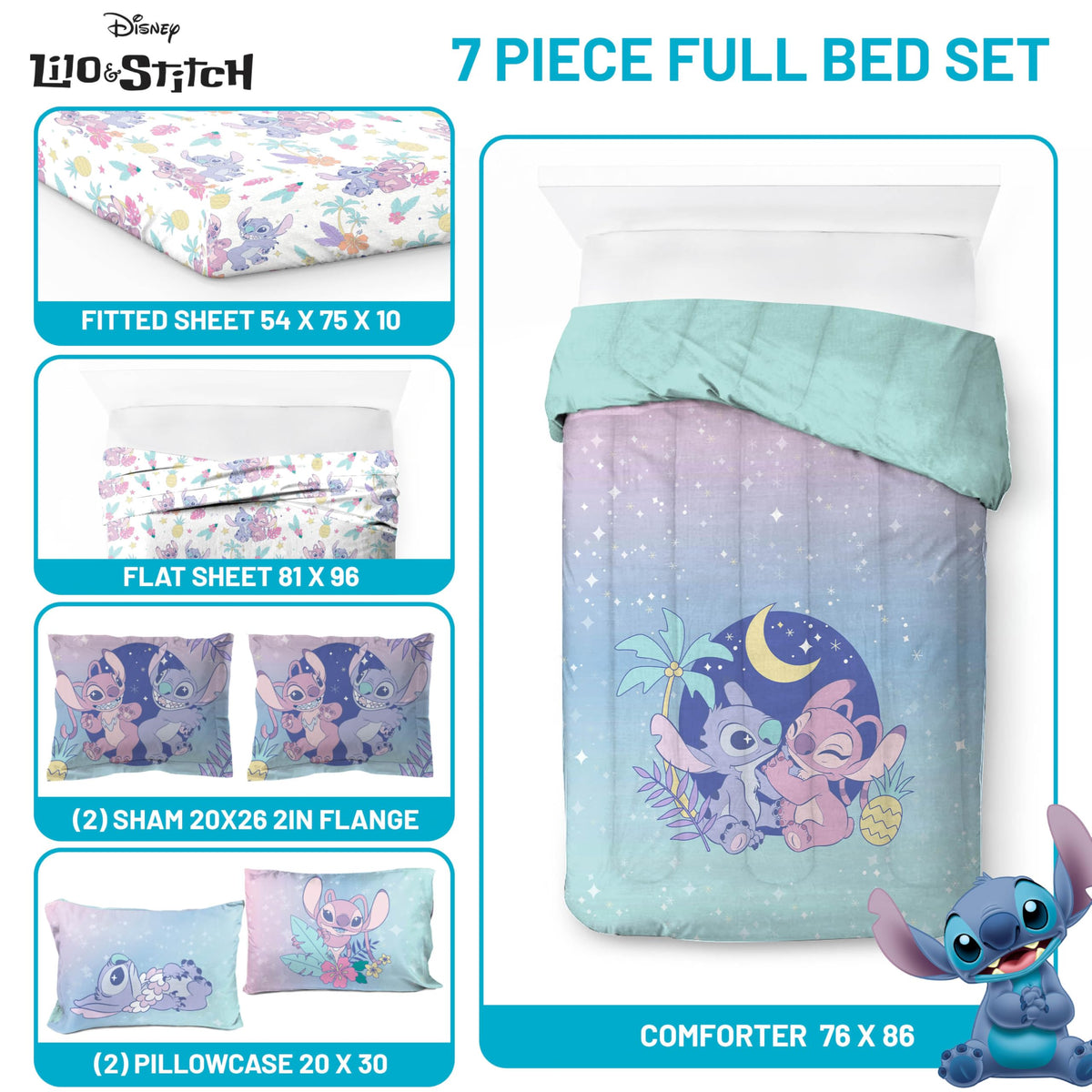 Jay Franco Disney Lilo Stitch flat sheet print showcased on bed.