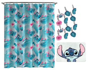 Jay Franco Lilo & Stitch shower curtain with floral design and microfiber for quick drying