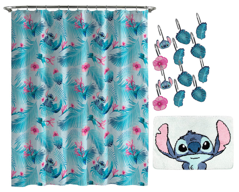 Jay Franco Lilo & Stitch shower curtain with floral design and microfiber for quick drying
