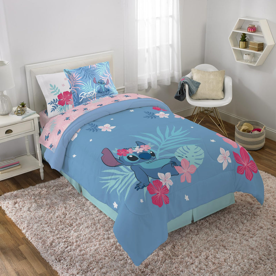 Jay Franco Disney Lilo & Stitch twin comforter on bed, ultra-soft microfiber.