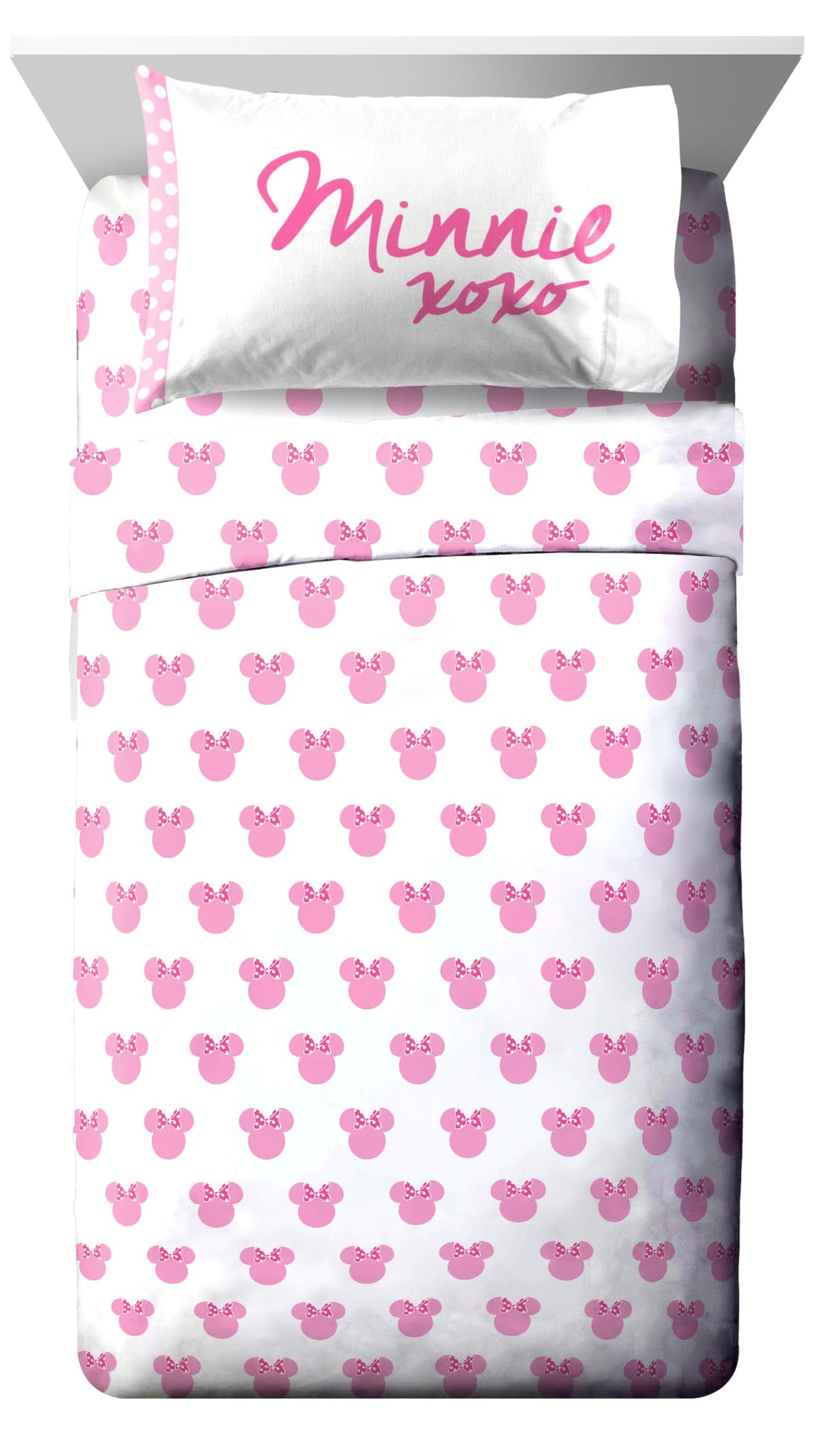 Jay Franco Minnie Mouse XOXO twin bedding sheet set for easy care and bright decor.