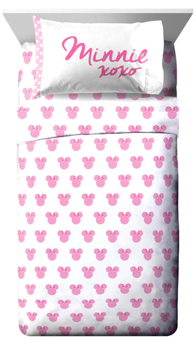 Jay Franco Minnie Mouse XOXO twin bedding sheet set for easy care and bright decor.