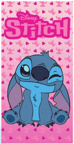 Jay Franco Disney Stitch beach towel with a winking Stitch and pink hearts, ideal for beach lounging.