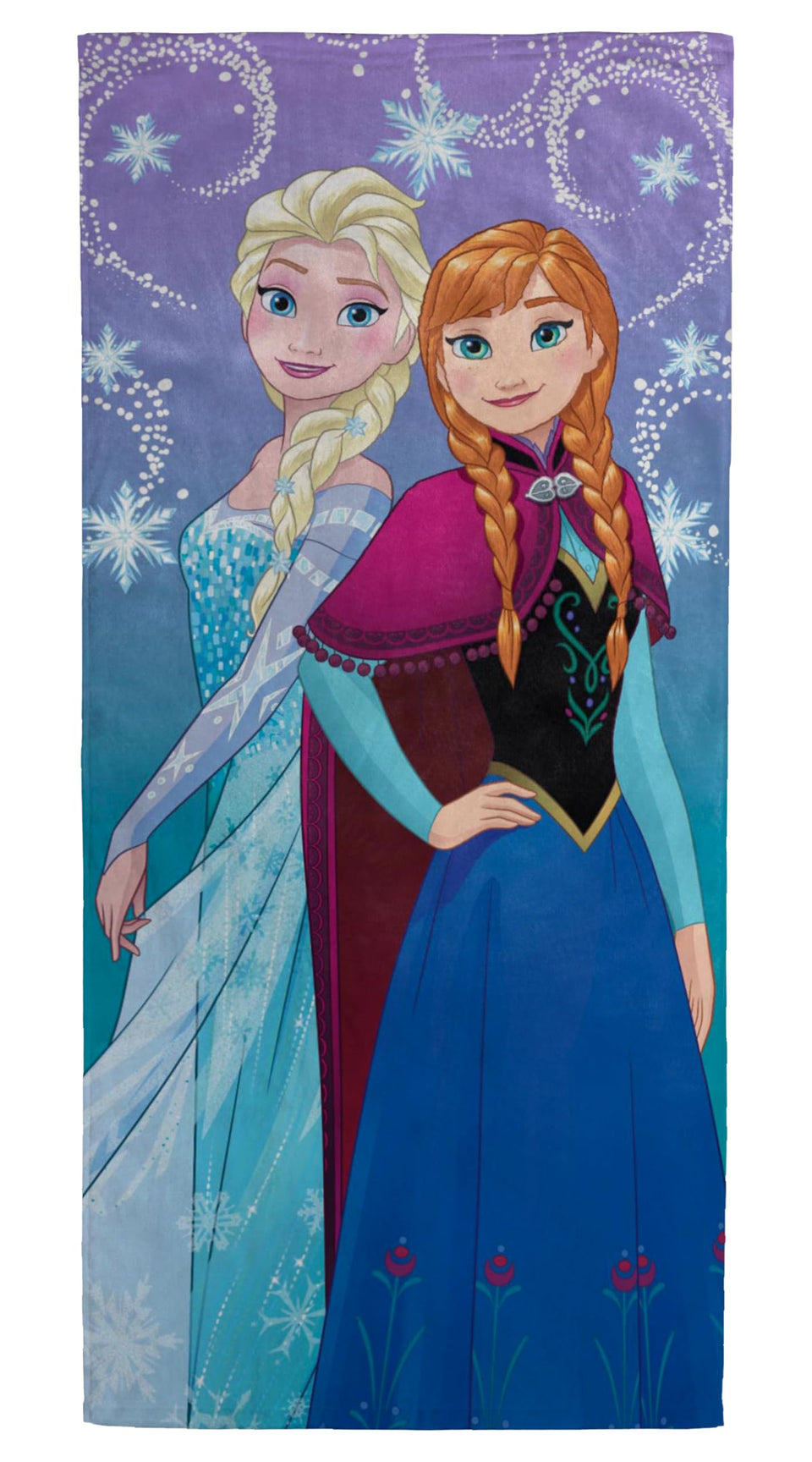 Jay Franco Frozen 2 snowflake sister towel close-up shows soft, absorbent terry for quick drying.