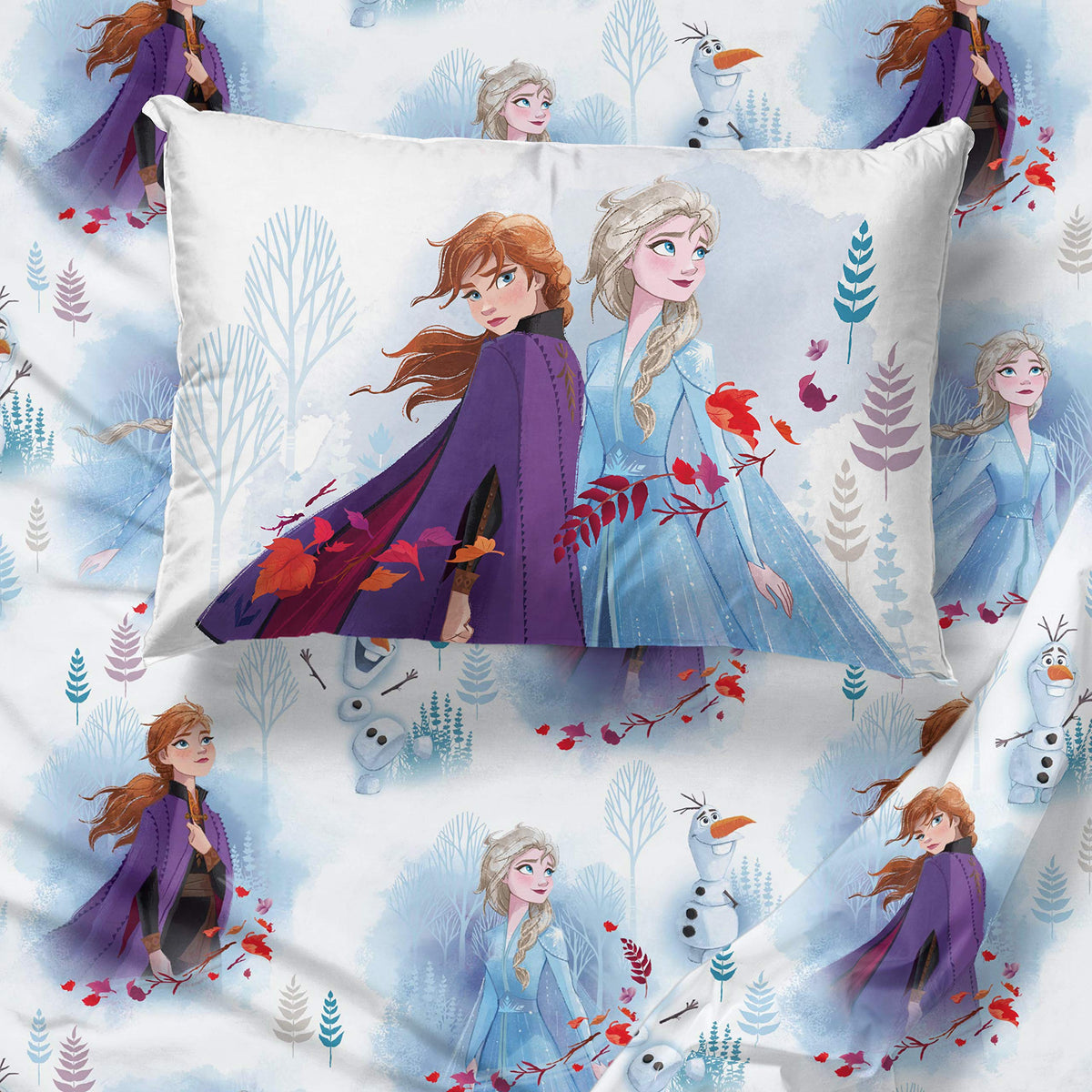 Pillowcase detail from Jay Franco Frozen set featuring Elsa and Anna.