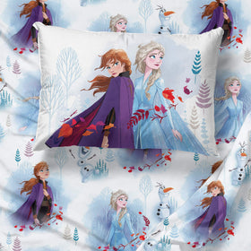Pillowcase detail from Jay Franco Frozen set featuring Elsa and Anna.