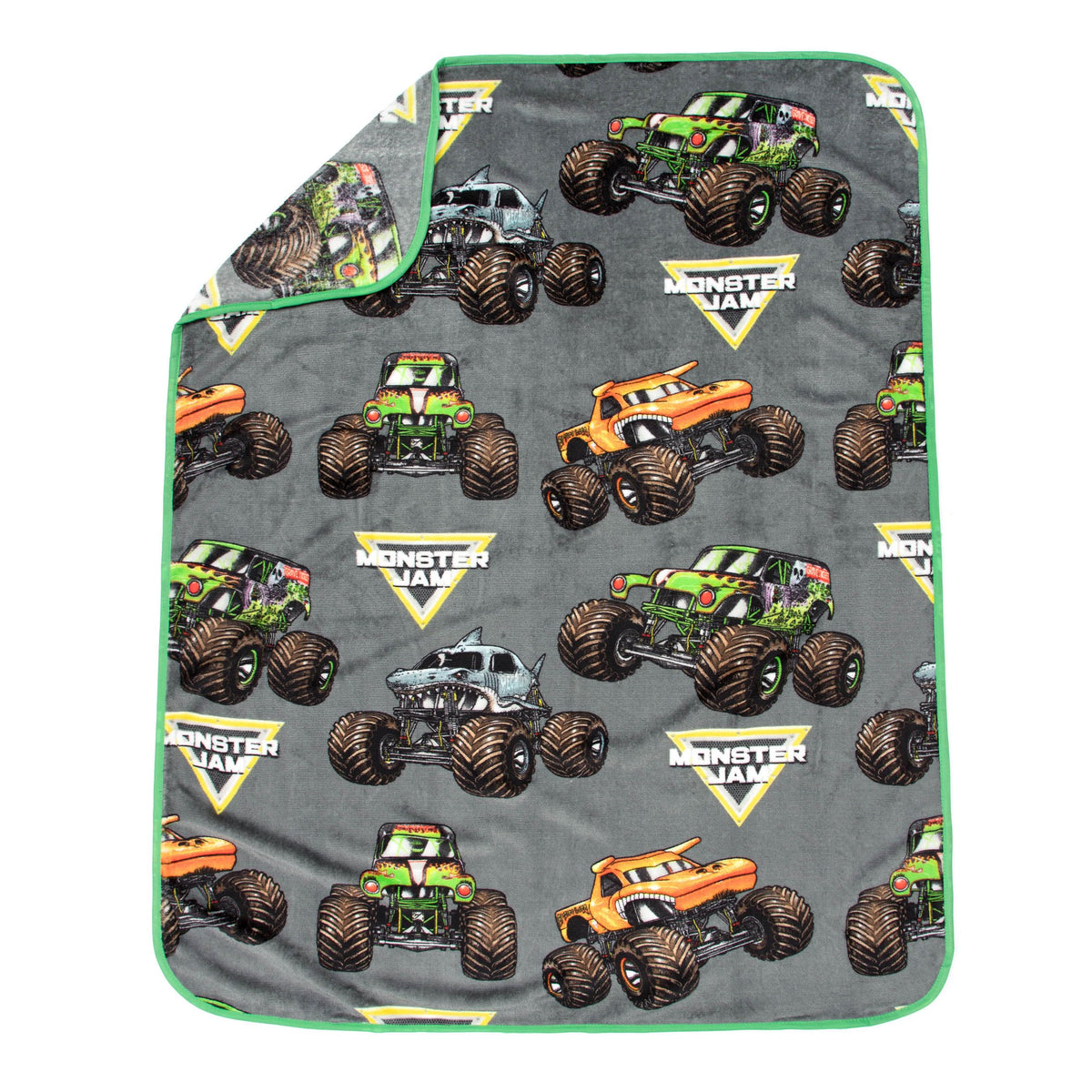 Jay Franco Grave Digger fleece close-up highlights soft, durable fleece for year-round use.