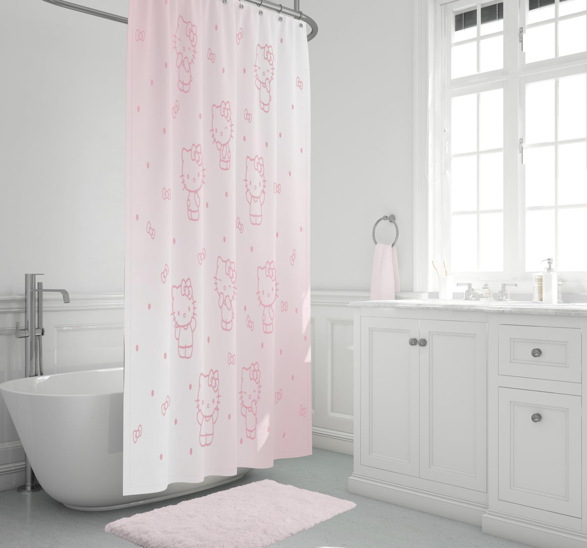 Jay Franco shower curtain features Hello Kitty motif and star design for bright decor
