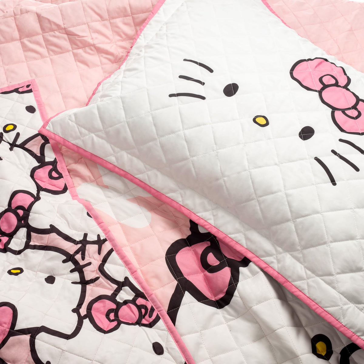 Close-up of Hello Kitty heart pattern adds playful bedtime detail