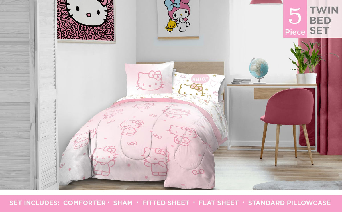 Jay Franco Hello Kitty twin fitted sheet close-up shows breathable microfiber