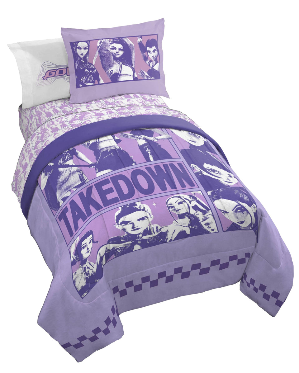 Jay Franco KPOP Demon Hunters comforter features bold purple artwork for a lively bedroom look.