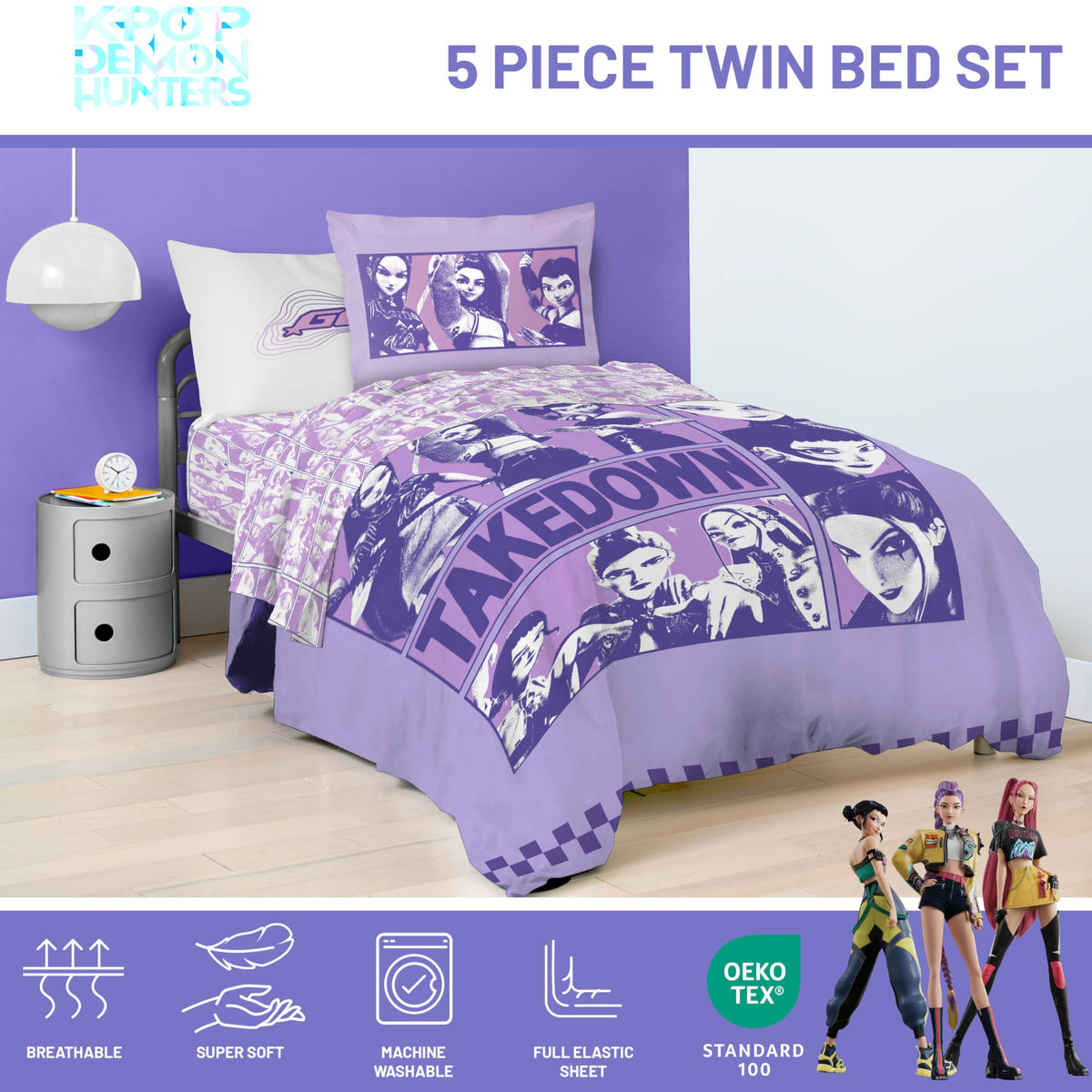 Jay Franco KPOP Demon Hunters pillowcase adds graphic flair for a cohesive bed setup.