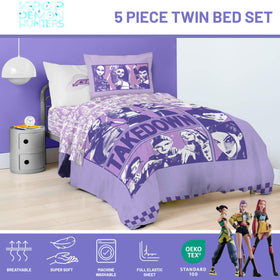Jay Franco KPOP Demon Hunters pillowcase adds graphic flair for a cohesive bed setup.