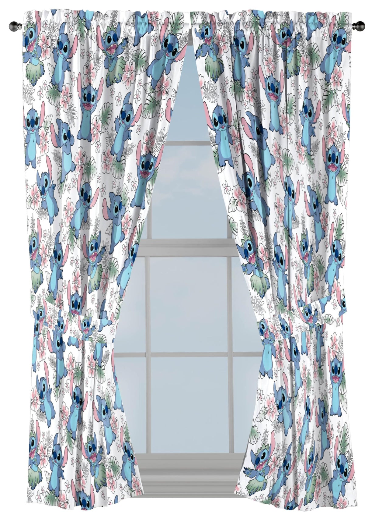 Jay Franco Lilo Stitch curtains 2-panel set, front view, adds playful privacy to kids' rooms.