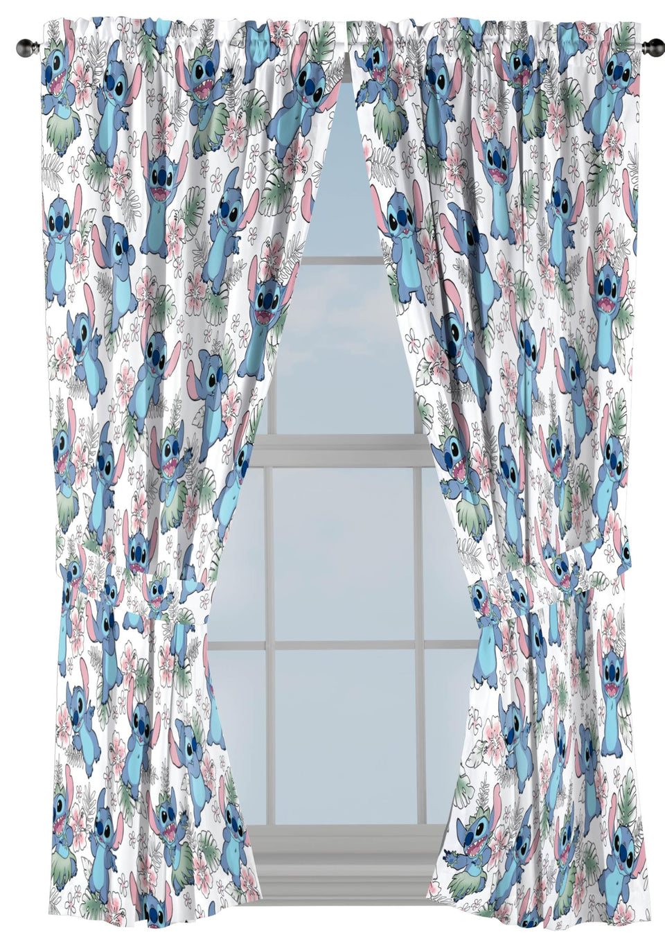Jay Franco Lilo Stitch curtains 2-panel set, front view, adds playful privacy to kids' rooms.