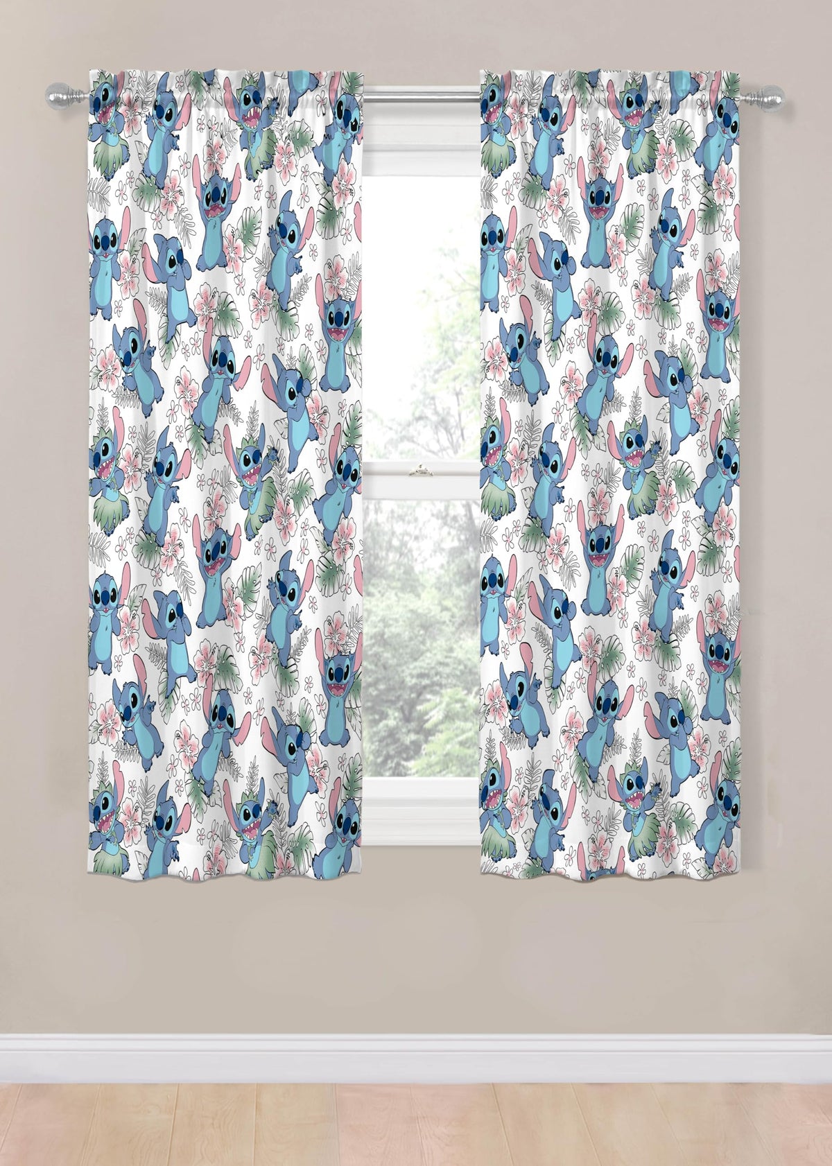 Jay Franco Lilo Stitch curtains tiebacks closeup, showing easy light control feature.
