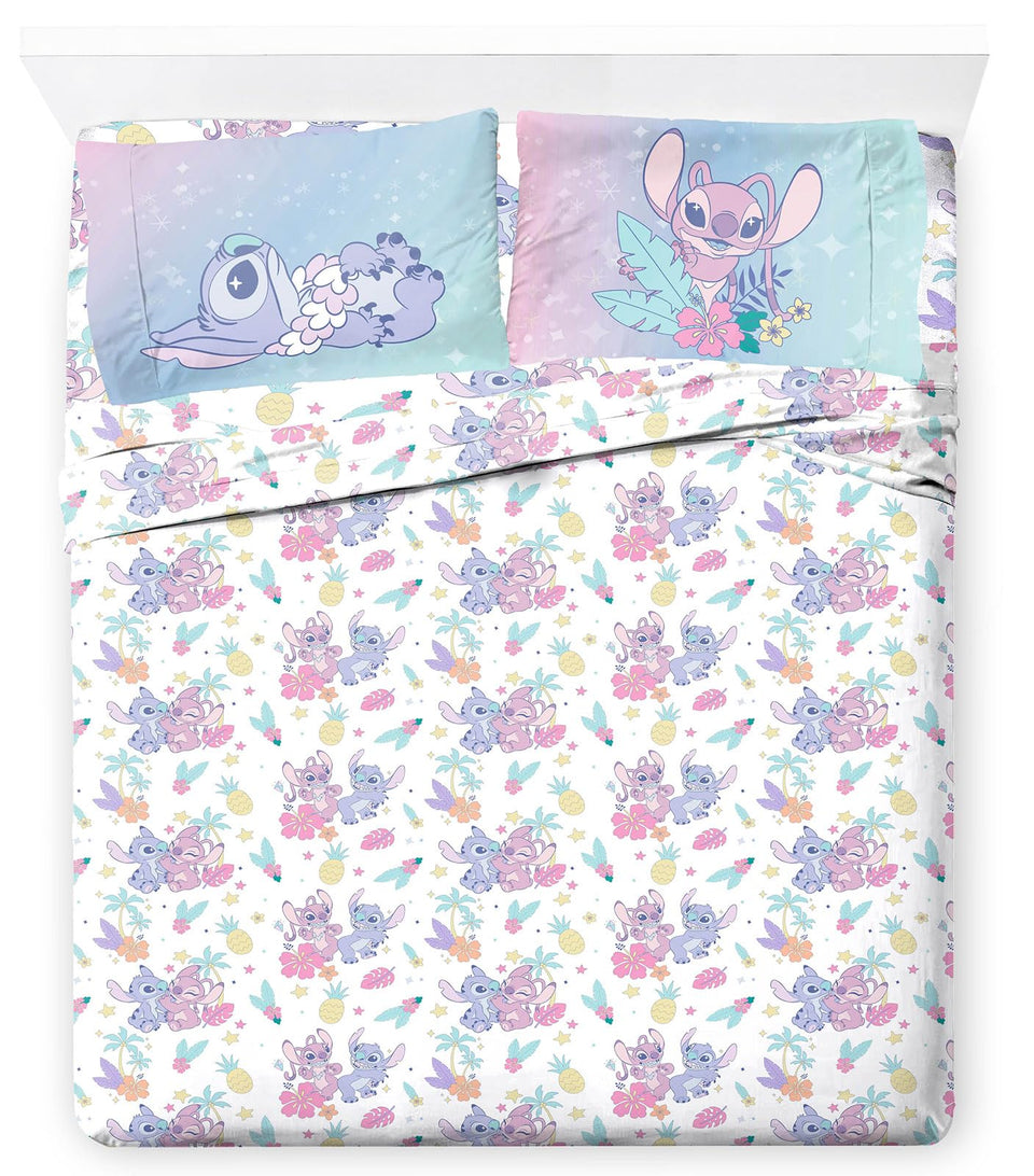 Jay Franco Lilo Stitch sheet set on bed with island design for cozy nights.